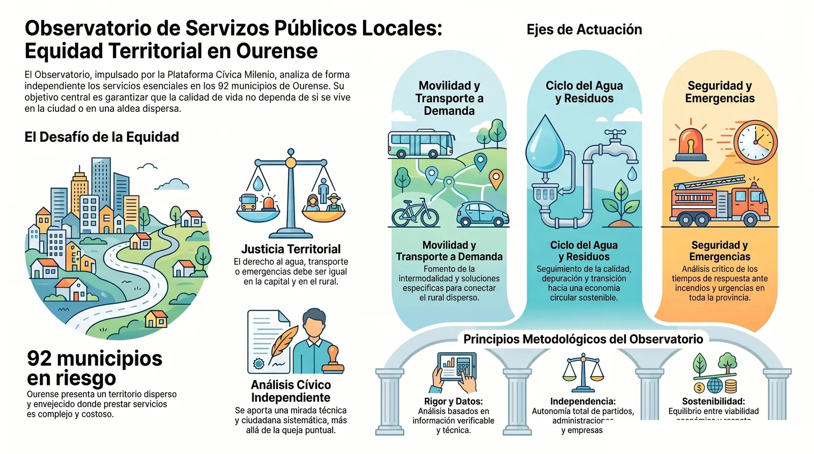 Infografía divulgativa del Observatorio de Servicios Públicos Locales: movilidad, agua, residuos, energía, seguridad y equidad territorial en Ourense, ejes estratégicos y definición del Observatorio.