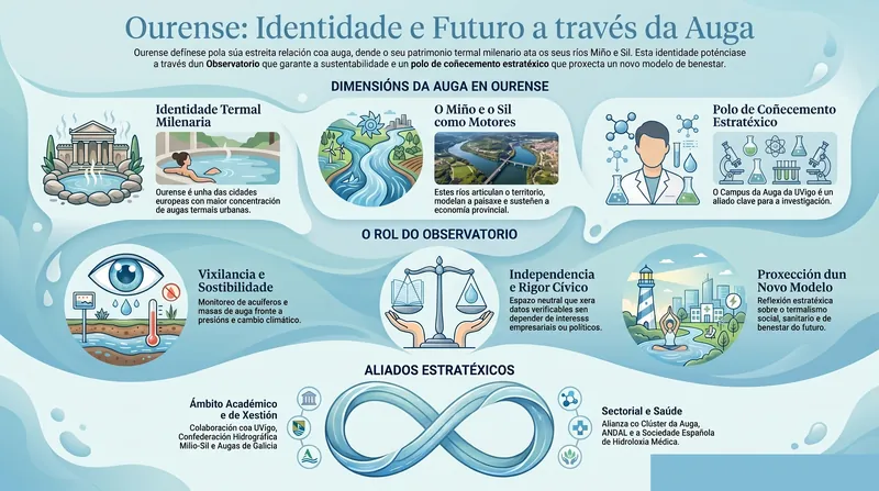 Infografía divulgativa del Observatorio del Agua y el Termalismo: el agua de Ourense como recurso fluvial y natural, el termalismo de las Aquae Calpurnianae, sostenibilidad, patrimonio y el Campus da Auga como polo de conocimiento.