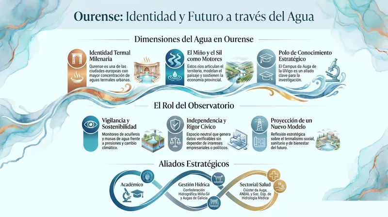 Infografía divulgativa del Observatorio del Agua y el Termalismo: el agua de Ourense como recurso fluvial y natural, el termalismo de las Aquae Calpurnianae, sostenibilidad, patrimonio y el Campus da Auga como polo de conocimiento.