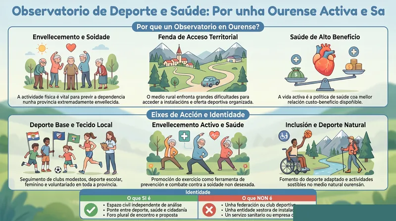 Infografía divulgativa del Observatorio de Deporte y Salud: realidad del deporte y la salud comunitaria en Ourense, ejes estratégicos y definición del Observatorio.