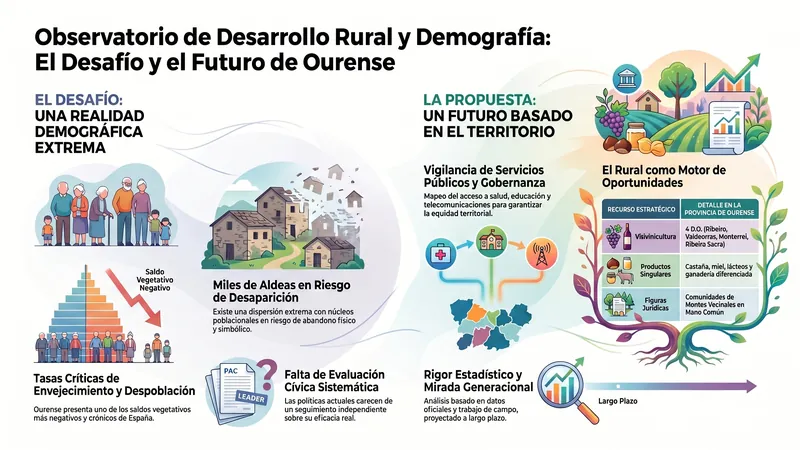Infografía divulgativa del Observatorio de Desarrollo Rural y Demografía: realidad rural y demográfica de Ourense, ejes estratégicos y definición del Observatorio.