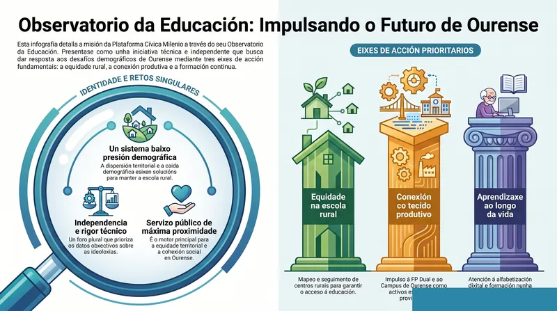 Infografía divulgativa del Observatorio de Educación: realidad educativa de Ourense, ejes estratégicos y definición del Observatorio.