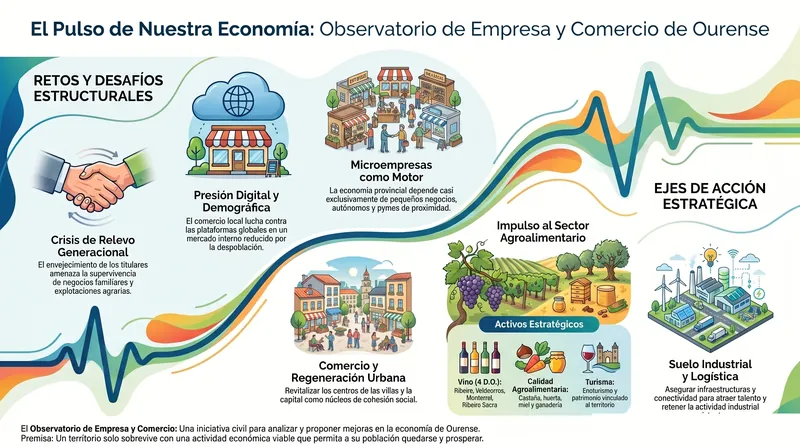 Infografía divulgativa del Observatorio de Empresa y Comercio: comercio local y de proximidad, pymes y autónomos, industria y suelo productivo, sector agroalimentario y empleo en Ourense.