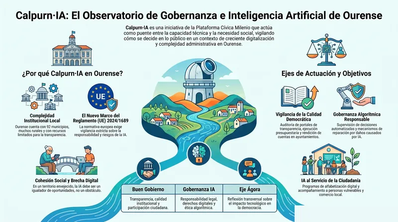 Infografía divulgativa del Observatorio de Gobernanza e Inteligencia Artificial (Calpurn·IA): buen gobierno local, transparencia, calidad democrática, responsabilidad algorítmica e IA al servicio de la ciudadanía.