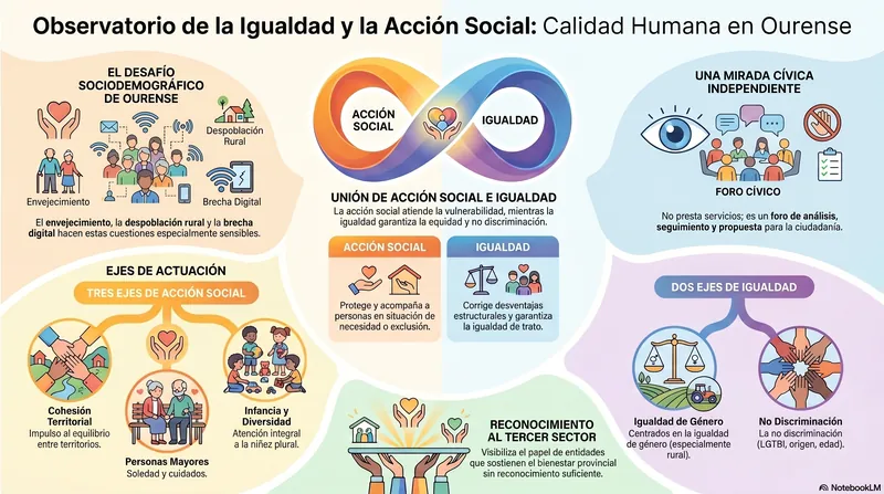 Infografía divulgativa del Observatorio de Igualdad y Acción Social: realidad social y de la igualdad en Ourense, ejes estratégicos y definición del Observatorio.