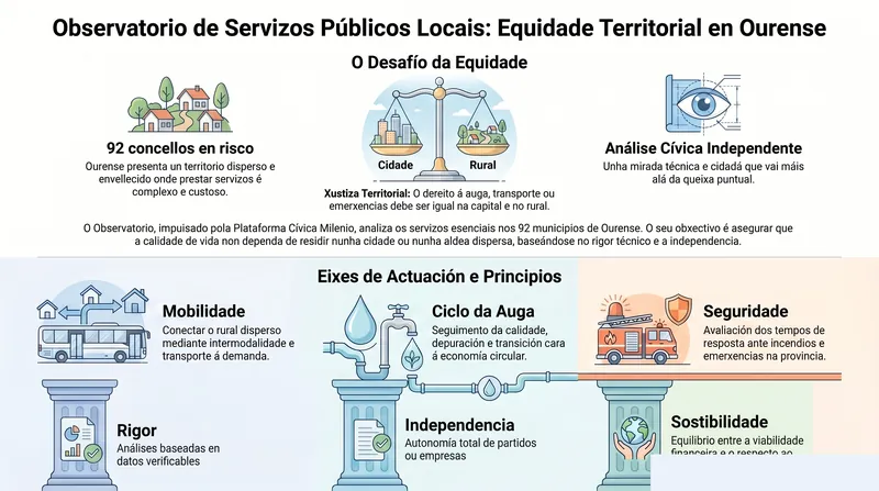 Infografía divulgativa del Observatorio de Servicios Públicos Locales: movilidad, agua, residuos, energía, seguridad y equidad territorial en Ourense, ejes estratégicos y definición del Observatorio.