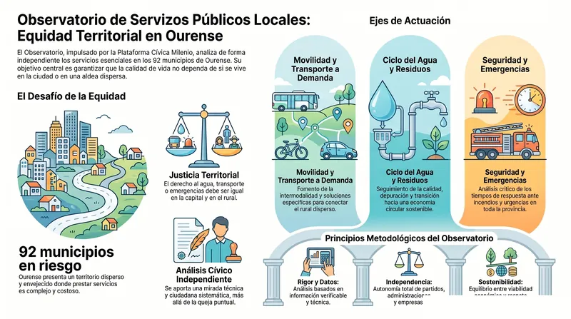 Infografía divulgativa del Observatorio de Servicios Públicos Locales: movilidad, agua, residuos, energía, seguridad y equidad territorial en Ourense, ejes estratégicos y definición del Observatorio.