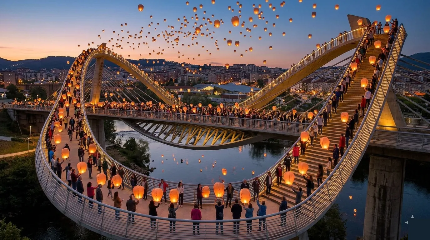 Imaxe evocadora xerada con IA do Ponte do Milenio de Ourense ao solpor, con farois voadores sobre o Miño (carácter ilustrativo, non documental).